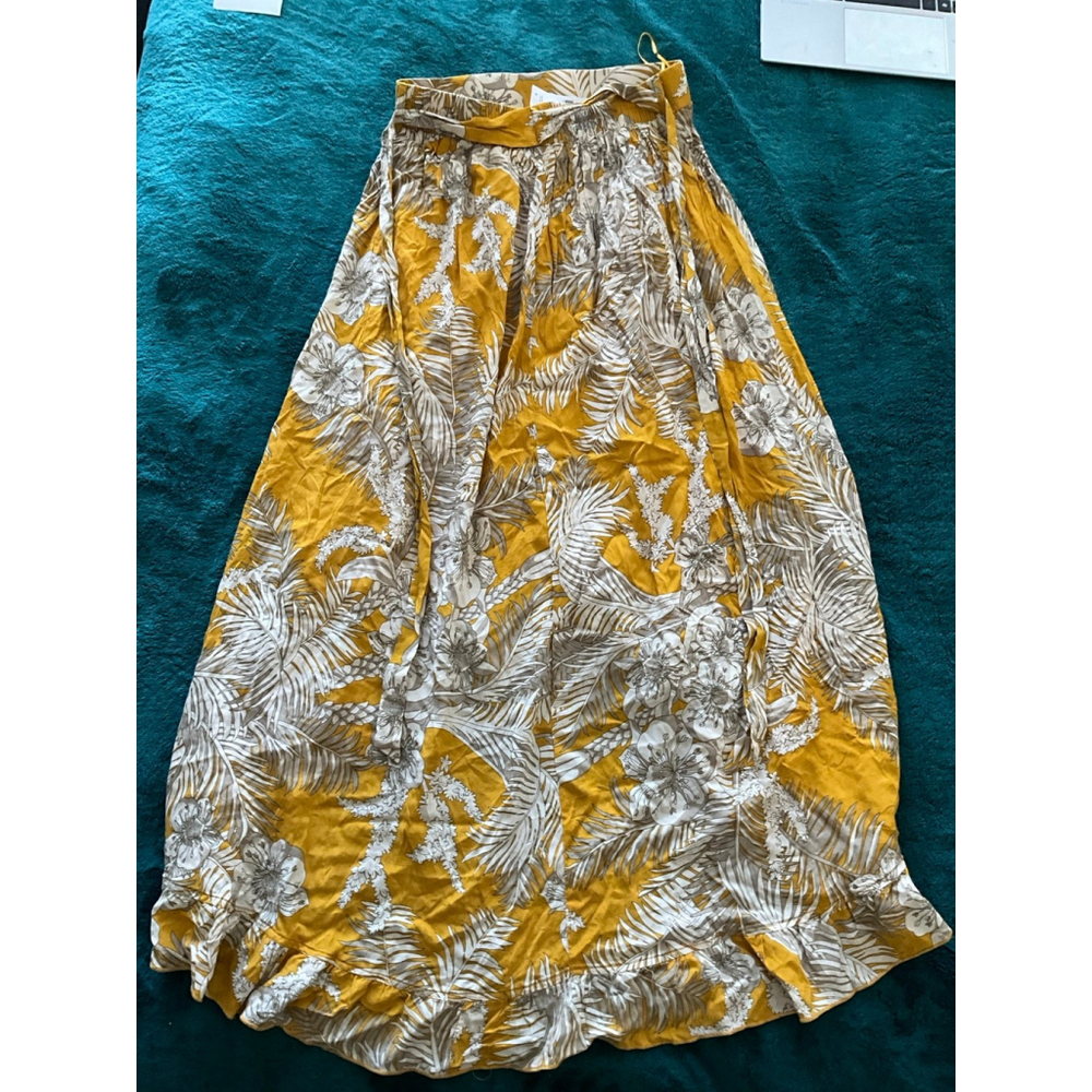 Solitaire Ruffle Front Maxi Skirt Yellow w Palms Elastic Waist Sash NWT Small - Picture 4 of 10
